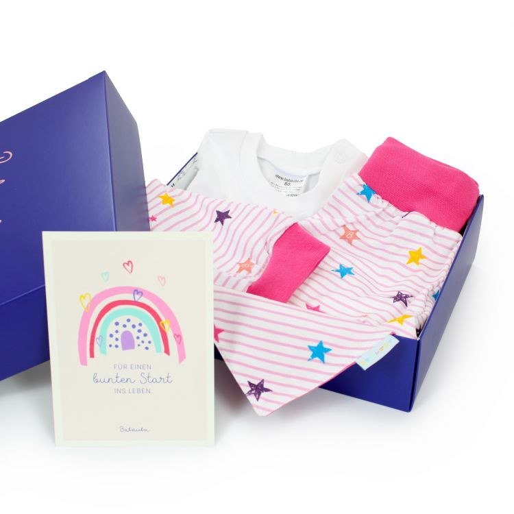 Newborn Set „Baby's first Outfit“ 4-teilig RainbowStars-RoseStripes